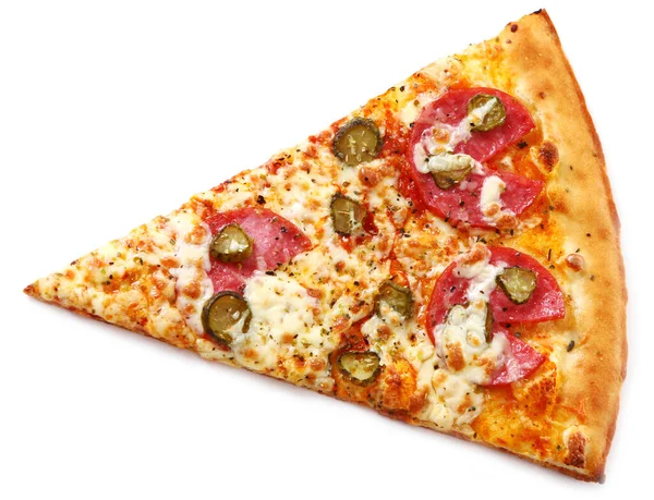 Fetta Pizza Fresca Con Salame Piccante Isolato Fondo Bianco — Foto Stock