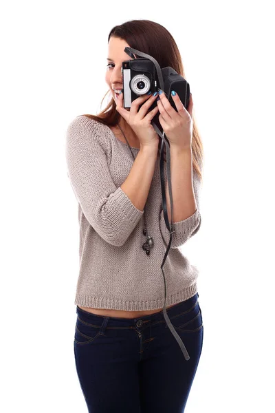 Menina Bonita Posando Com Câmera Estúdio — Fotografia de Stock