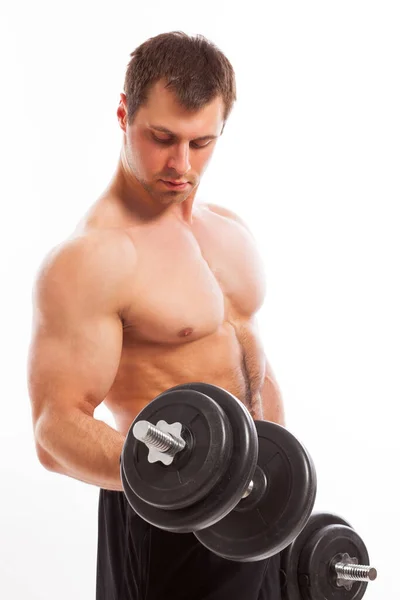 Chico Guapo Haciendo Ejercicio Con Mancuernas Aisladas Sobre Fondo Blanco — Foto de Stock