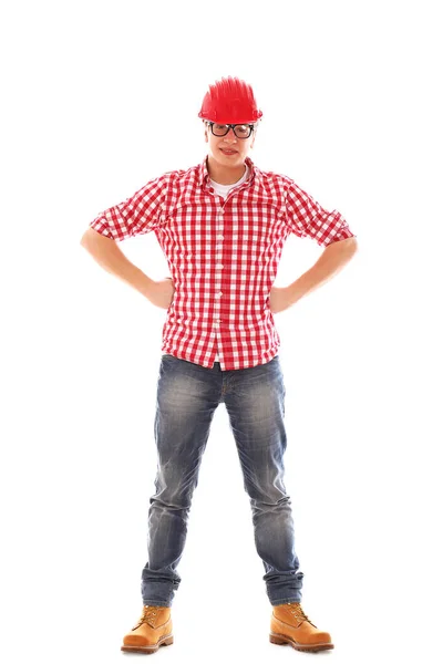 Homem Loiro Com Óculos Posando Fundo Branco — Fotografia de Stock