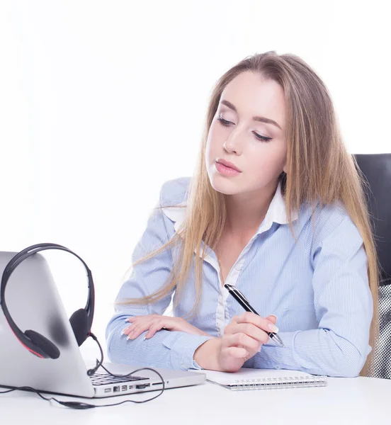 Gente Negocios Mujer Con Auriculares Junto Mesa — Foto de Stock