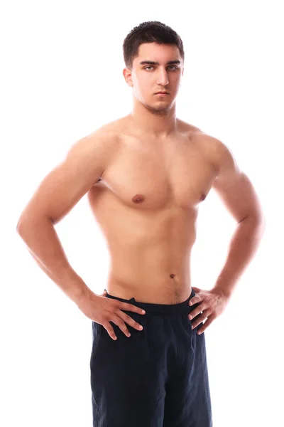 Jovem Muscular Cara Posando Sobre Fundo Branco — Fotografia de Stock