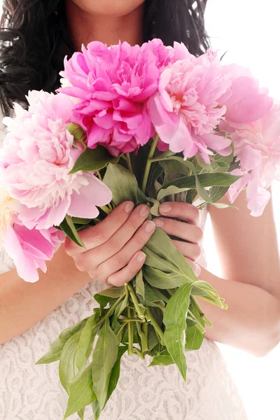 Beautiful Bouquet Rose Peonies Woman Hands — Stock Photo, Image