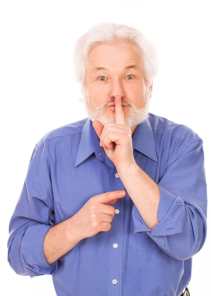 Красивый Пожилой Человек Седой Бородой Просит Тихо Изолированы Белом Фоне — стоковое фото