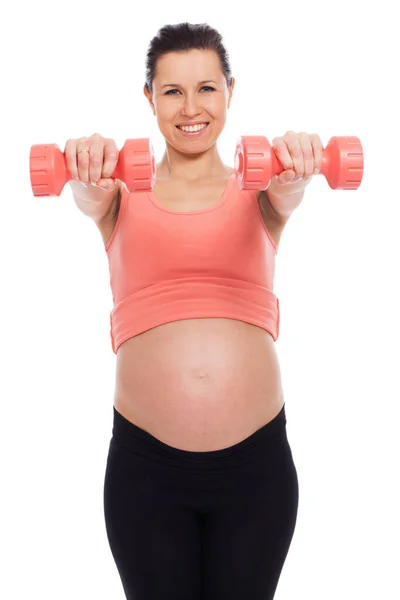 Hermosa Mujer Embarazada Haciendo Ejercicio Con Pesas Aisladas Sobre Fondo — Foto de Stock