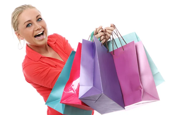 Happy Woman Colorful Shopping Bags White Background — Stock Photo, Image