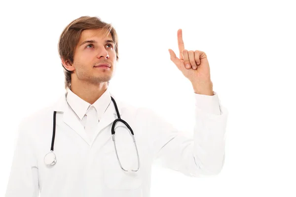 Retrato Belo Jovem Médico Fundo Branco — Fotografia de Stock