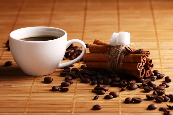 Cup Hot Coffee Cinnamon Sticks Wooden Surface — Stock Photo, Image