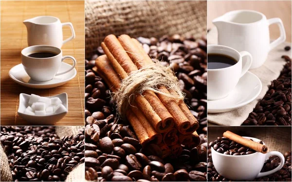 Collage Coffee Cups Grains Teapot Stack Cinnamon Plate Sugar — Stock Photo, Image