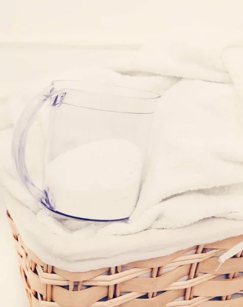 Laundry Wicker Basket Dirty Towels Powder — Stock Photo, Image