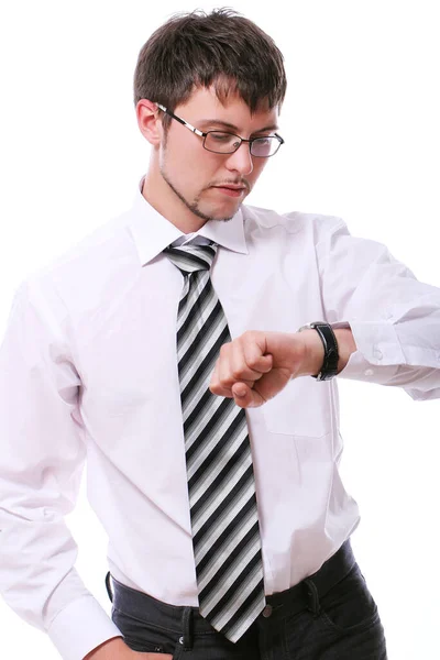 Бизнесмен Проверяет Свои Трусы Часы Белом Фоне — стоковое фото