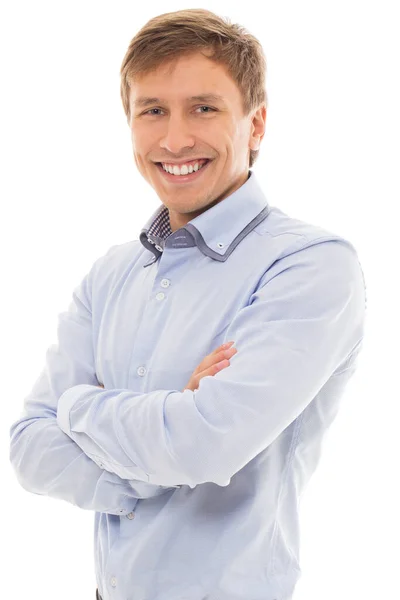 Handsome Man Blue Shirt Smiles Holds His Hands Crossed White — Stock Photo, Image