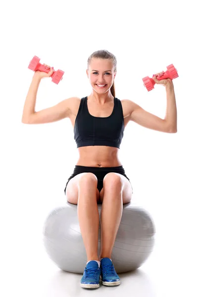 Menina Jovem Feliz Fazendo Exercícios Com Halteres — Fotografia de Stock