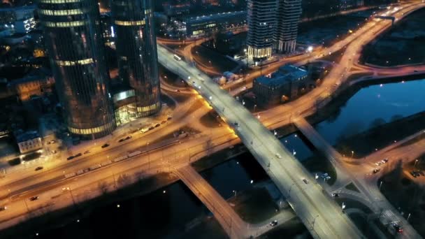 Veduta Aerea Degli Edifici Della Città Del Traffico Notte Time — Video Stock
