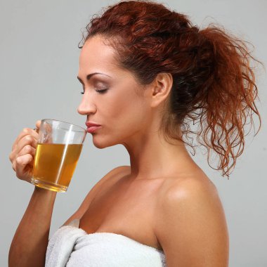 bitkisel çay havlu kadında güzel middleaged 