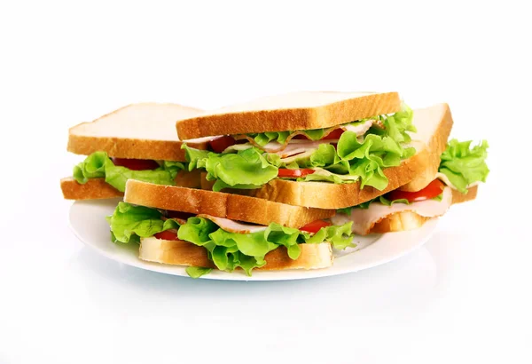 Смачні Бутерброди Тарілці Ізольовані Білому Тлі — стокове фото
