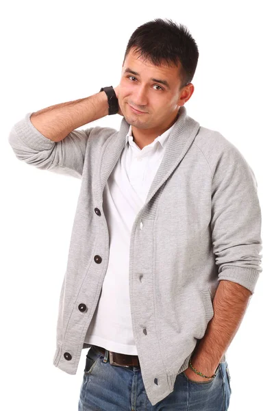 Estúdio Retrato Jovem Bonito Homem Isolado Fundo Branco — Fotografia de Stock