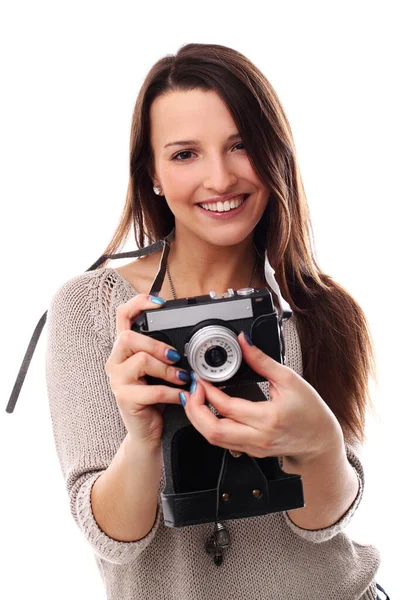 Menina Bonita Posando Com Câmera Estúdio — Fotografia de Stock