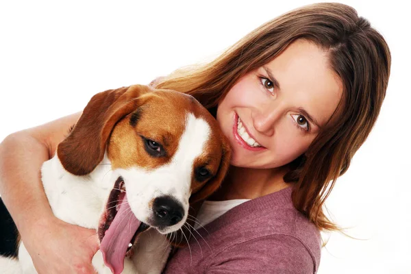 Menina Jovem Com Cão Bonito — Fotografia de Stock