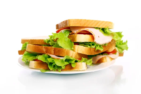 Смачні Бутерброди Тарілці Ізольовані Білому Тлі — стокове фото