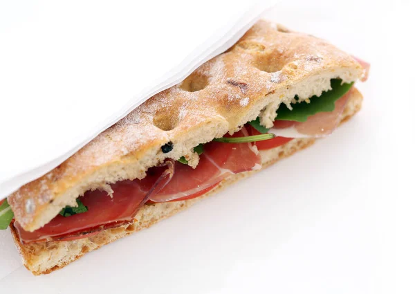 Nahaufnahme Bild Von Einem Leckeren Sandwich Auf Weißem Hintergrund — Stockfoto