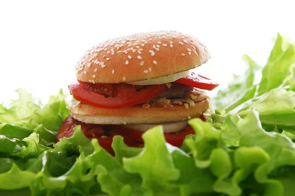 Salata Yapraklarının Üzerinde Büyük Lezzetli Bir Burger — Stok fotoğraf