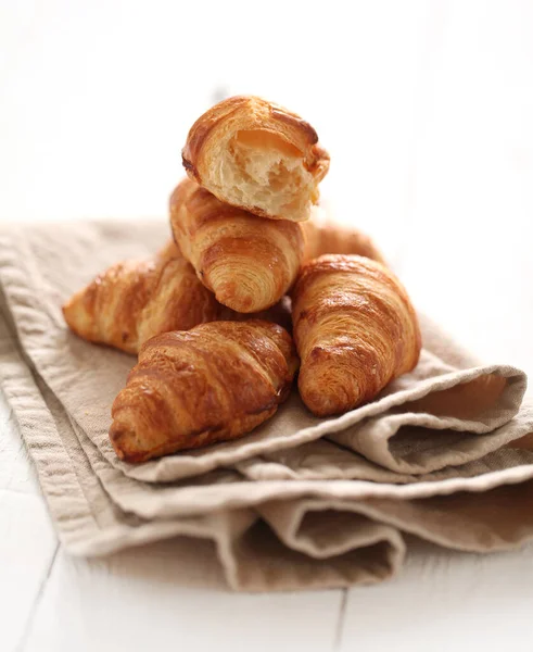 Fresh Homemade French Croissants Linen Tablecloth — Stock Photo, Image