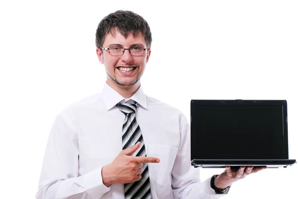 Empresário Sorridente Apontando Tela Laptop Sobre Fundo Branco — Fotografia de Stock