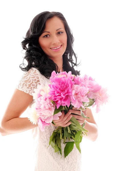 Beautiful Caucasian Woman Bouquet Peonies — Stock Photo, Image