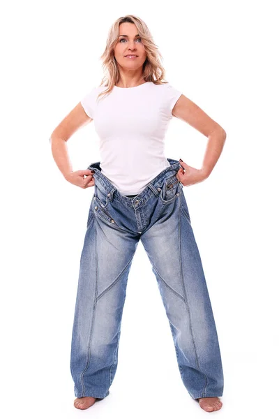 Happy Mid Aged Woman Posing Losing Weight Concept — Stock Photo, Image