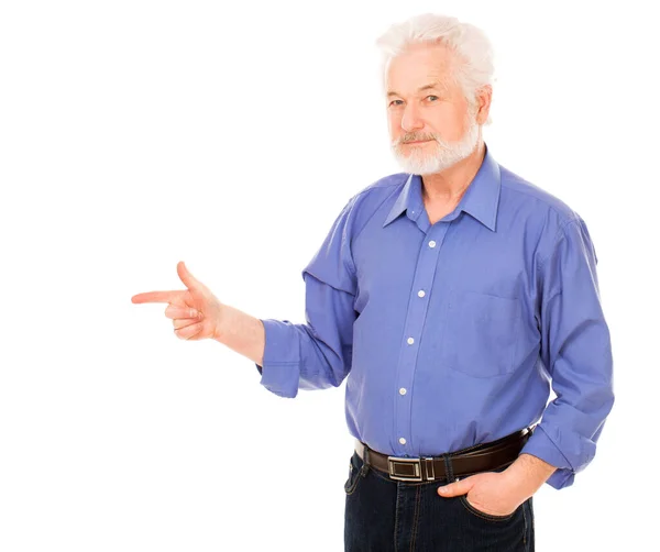 stock image Handsome elderly man with gray beard shows on something isolated over white background