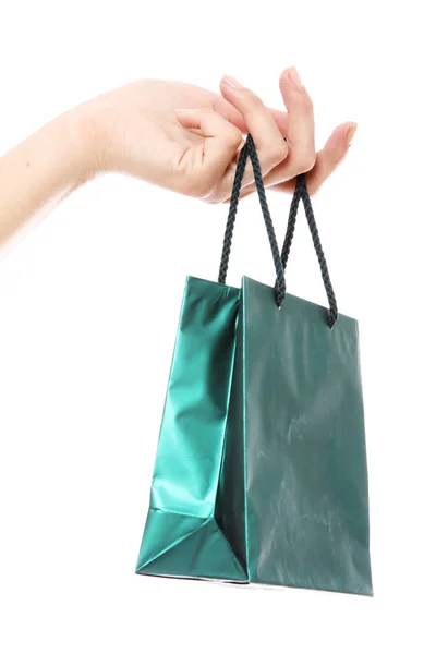 Μικρή Τσάντα Για Ψώνια Στο Χέρι Πάνω Από Λευκό Φόντο — Φωτογραφία Αρχείου
