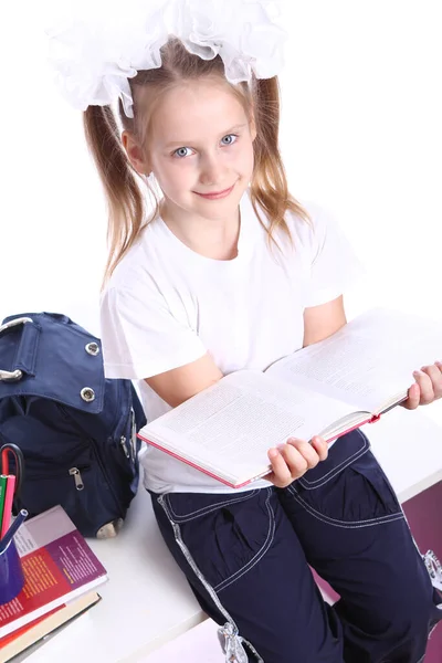 Cute Little Girl Schoolbag Sitting Desk — Stock Photo, Image