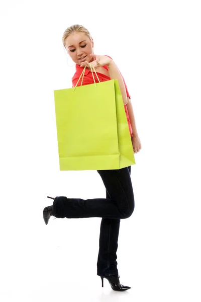 Happy Woman Colorful Shopping Bag White Background — Stock Photo, Image