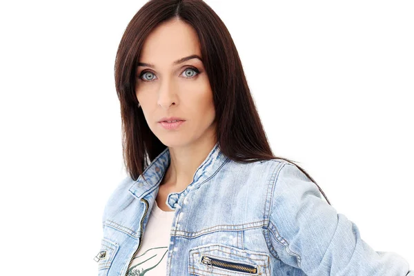 Portrait Beautiful Brunette Jeans Jacket Who Posing White Background — Stock Photo, Image