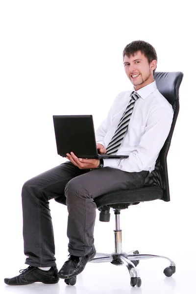 Feliz Hombre Negocios Silla Con Portátil Sobre Fondo Blanco — Foto de Stock