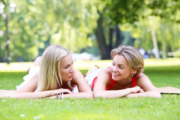 hoş çok eğlendiği parkta iki kız portresi. Onlar konuşuyor, tartışıyor, birbirlerine gülüyor ve gerçekten iyi eğlenceler