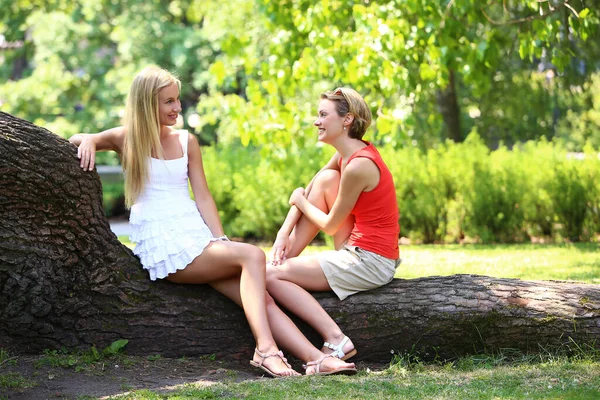 Portrait Two Girls Who Having Pretty Much Fun Park Talking — Stock Photo, Image