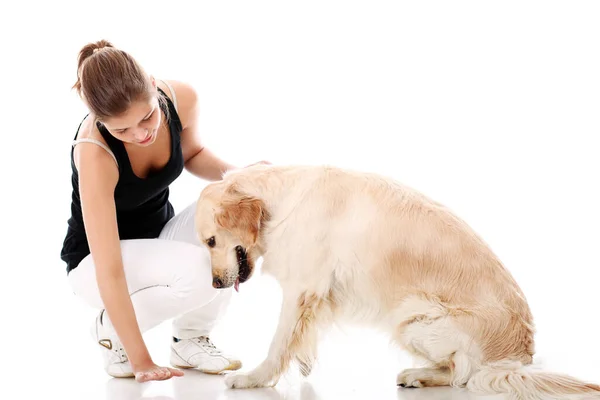 Mulher Feliz Seu Belo Cão Sobre Fundo Branco — Fotografia de Stock