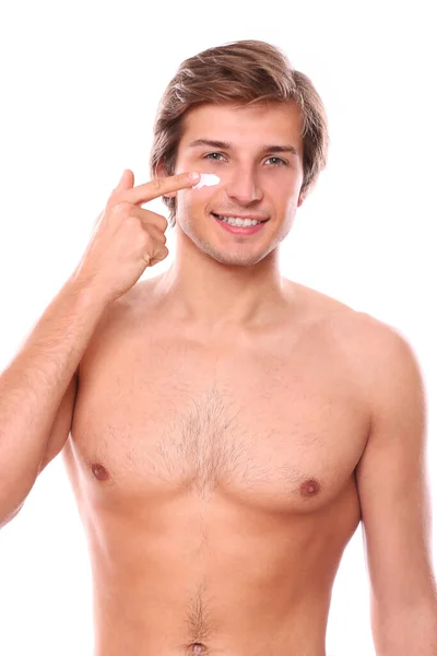 Sexy Schöner Mann Posiert Über Weißem Hintergrund — Stockfoto