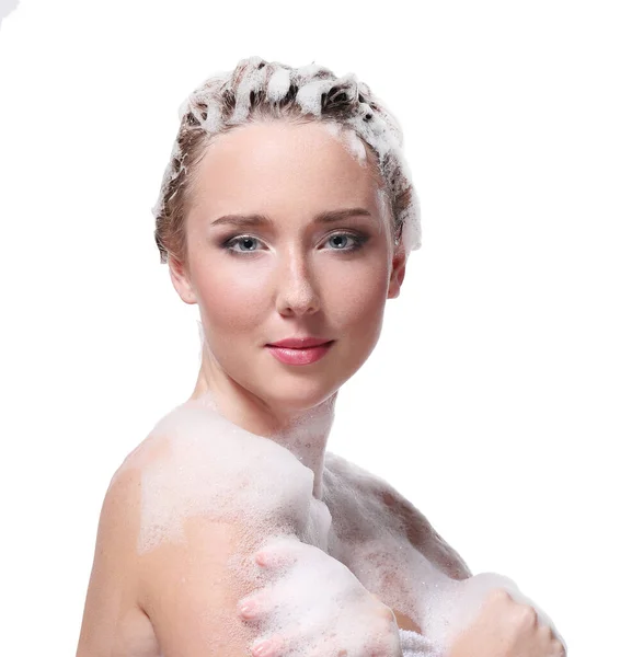 Sabun Köpüğü Çamaşır Beyaz Arka Planda Bir Kadın — Stok fotoğraf