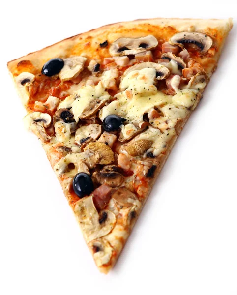 Fetta Pizza Fresca Con Olive Funghi Isolata Fondo Bianco — Foto Stock