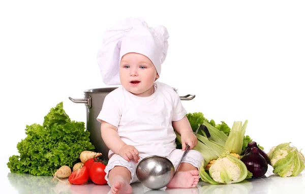 Cute Baby Chef Different Vegetables White Background Stock Picture