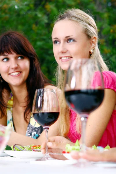 一群漂亮的女人喝着大自然的酒 免版税图库照片