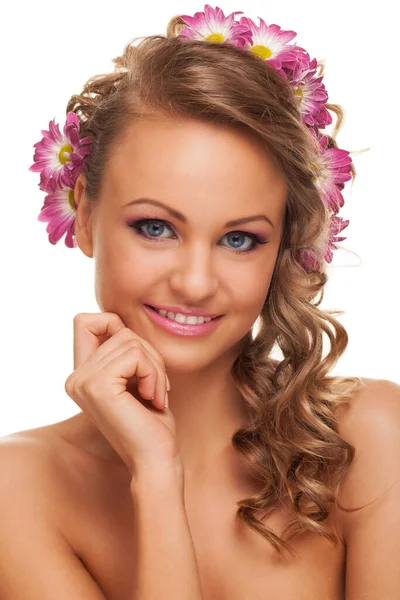 Beautiful Young Caucasian Woman Flowers Her Hair Isolated White Background Stock Photo