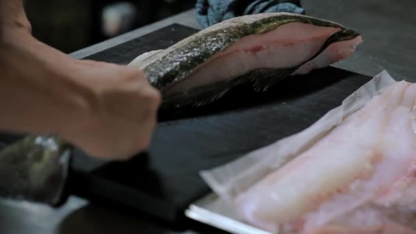 Chef Mujer Cortando Pescado Con Cuchillo Cocina — Vídeos de Stock