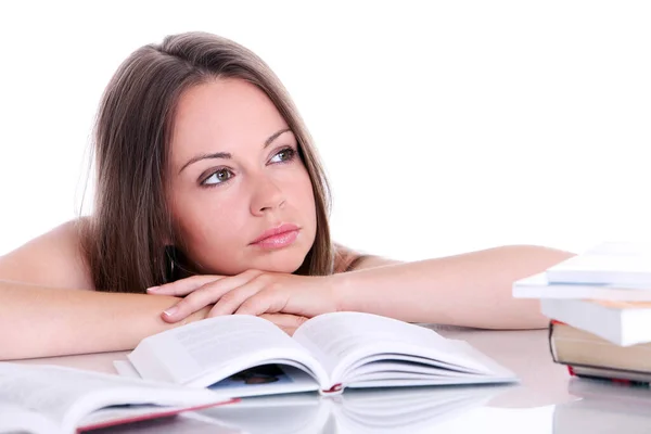 Thinking Student Girl Desk White Background — Stock Photo, Image