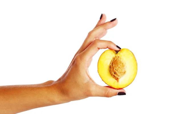 Pfirsichfrucht Der Hand Der Frau Isoliert Über Weißem Hintergrund — Stockfoto