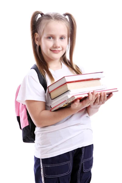 Cute Girl Schoolbag White Background — Stock Photo, Image