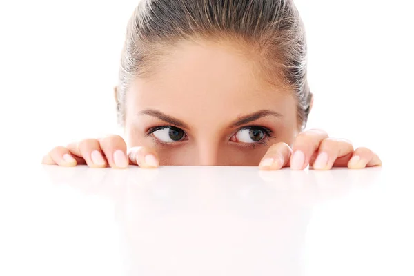 Portrait Beautiful Woman Who Hiding Looks She Playing White Background — Stock Photo, Image